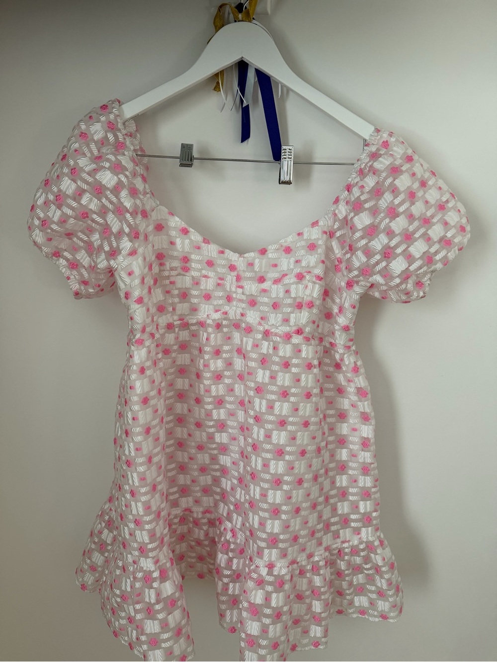 Buddy Love Mini Dress Puff Sleeve Pink White Square Neck Sheer Embroidery